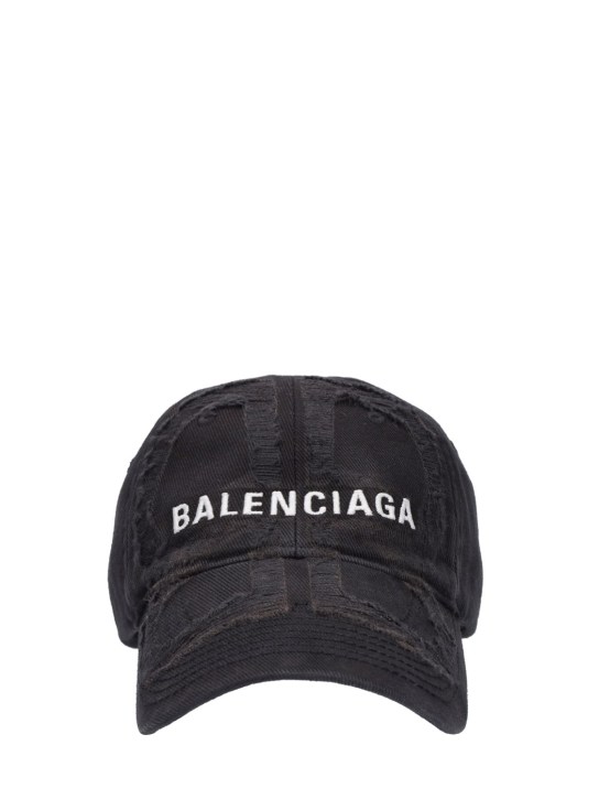 Balenciaga: 破洞棉质牛仔棒球帽 - 黑色/白色 - men_0 | Luisa Via Roma