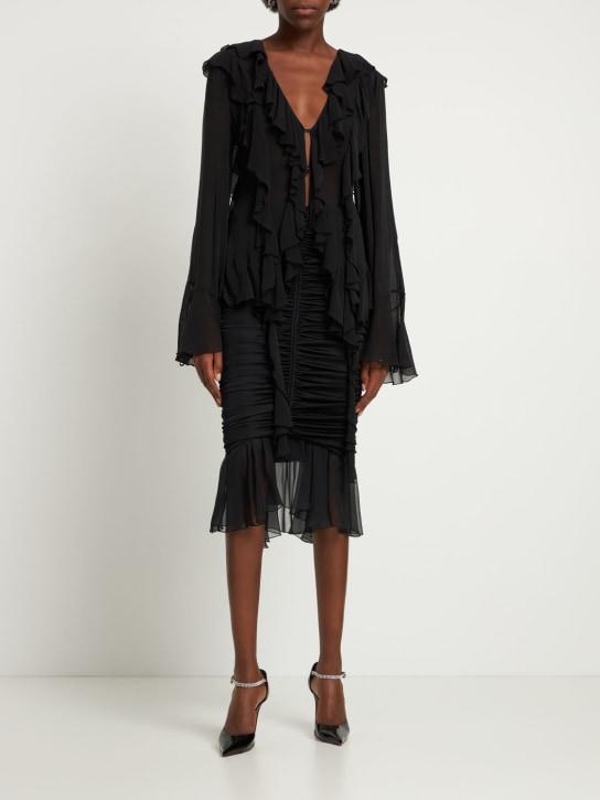 Blumarine: Jupe midi drapée en jersey et mousseline - Noir - women_1 | Luisa Via Roma