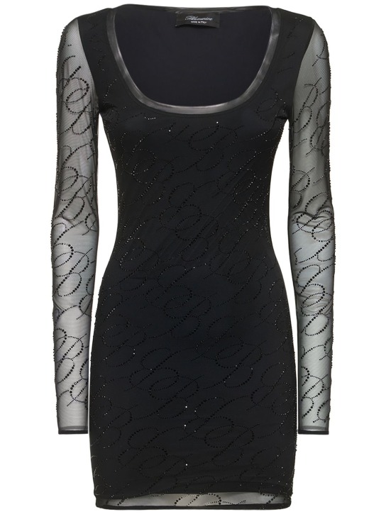 Blumarine: Mesh hotfix logo mini dress - Black - women_0 | Luisa Via Roma