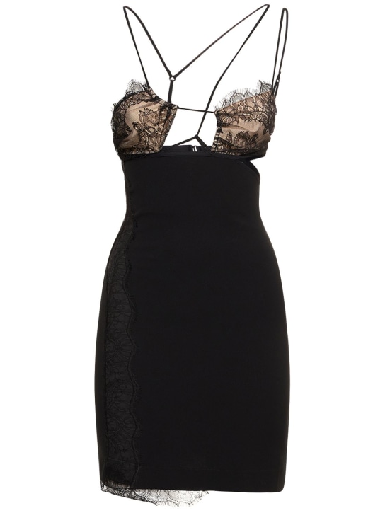 Nensi Dojaka: Crepe jersey asymmetric lace mini dress - Black - women_0 | Luisa Via Roma