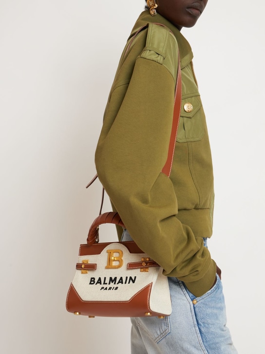 Balmain: BBuzz 22 canvas & leather top handle bag - Gem Natural - women_1 | Luisa Via Roma