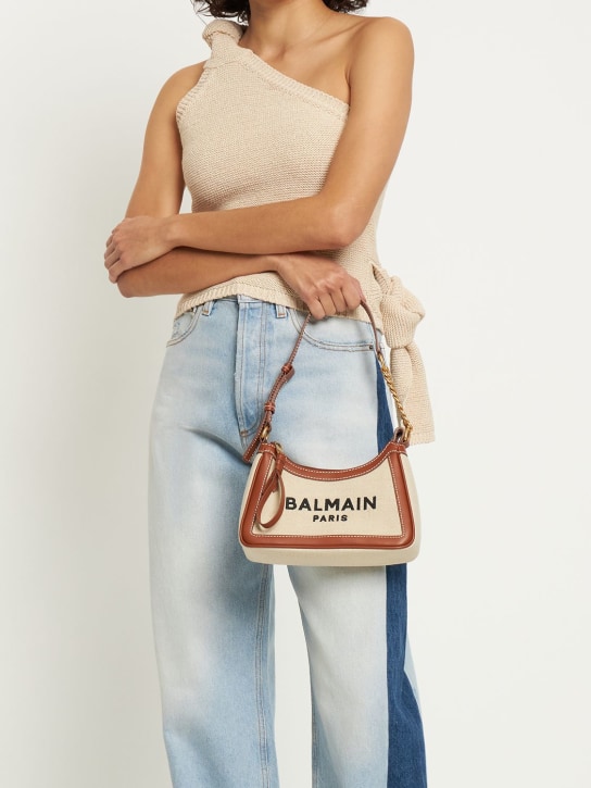 Balmain: B-army canvas & leather shoulder bag - Gem Natural - women_1 | Luisa Via Roma