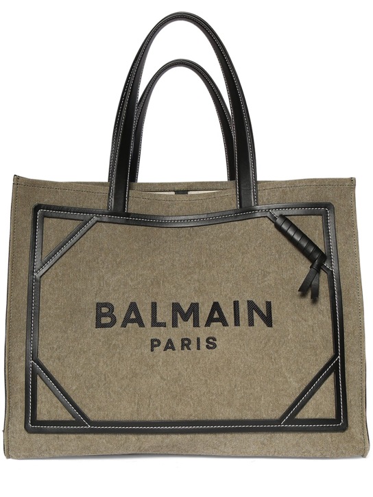 Balmain: Medium B-army canvas & leather tote bag - Kaki/Noir - women_0 | Luisa Via Roma