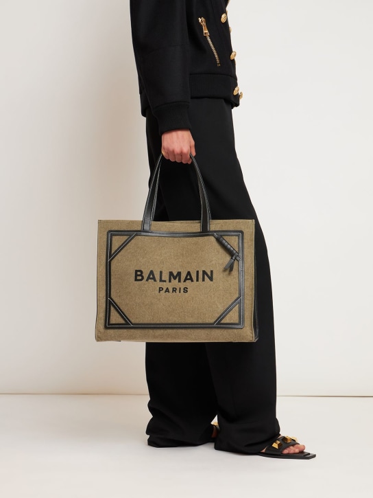 Balmain: Medium B-army canvas & leather tote bag - Kaki/Noir - women_1 | Luisa Via Roma