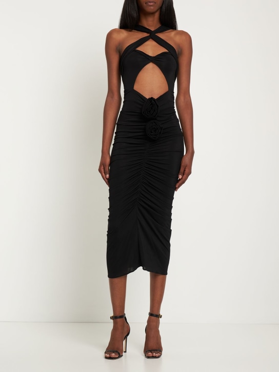 Magda Butrym: Vestito midi in crepe di cupro con cutout e fiore - Nero - women_1 | Luisa Via Roma