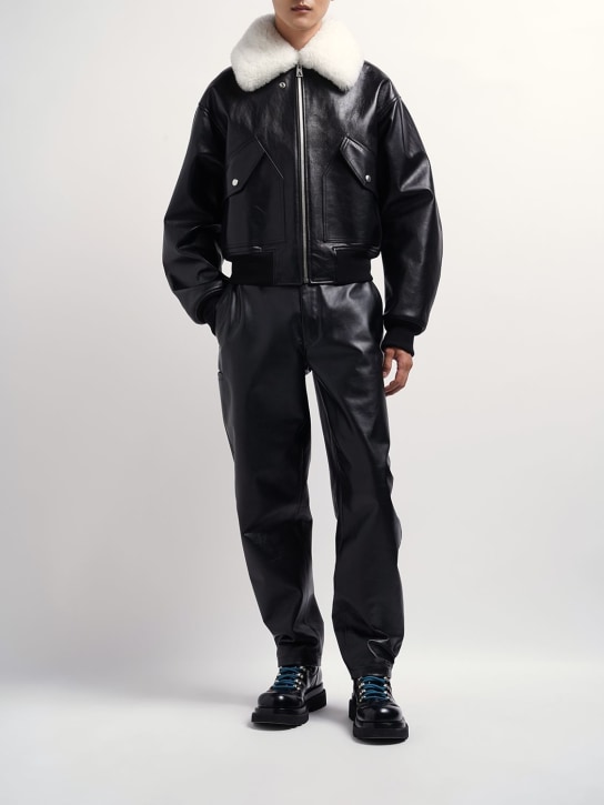Bottega Veneta: Shearling collar leather jacket - Black - men_1 | Luisa Via Roma