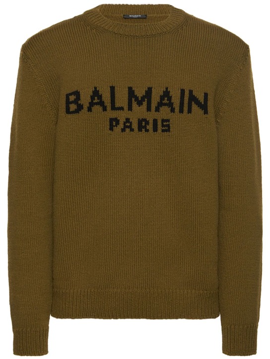 Balmain: Logo羊毛针织毛衣 - 卡其色/黑色 - men_0 | Luisa Via Roma