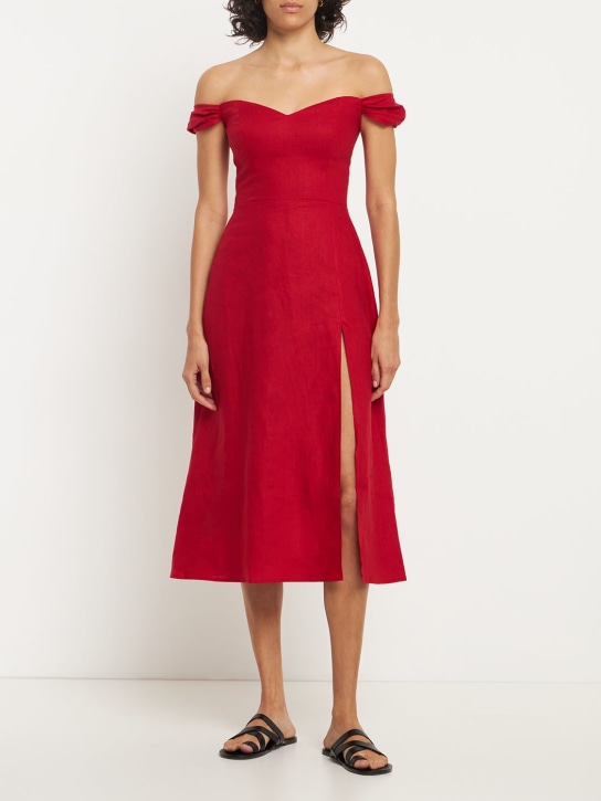 Reformation: Bridgton off-shoulder linen midi dress - Red - women_1 | Luisa Via Roma