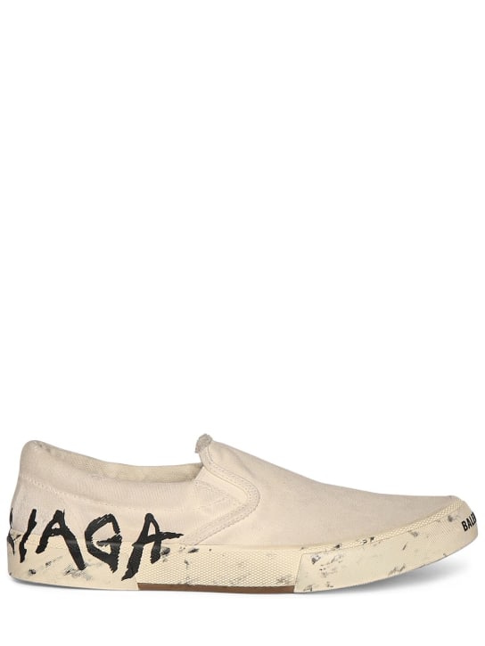 Balenciaga: Sneakers slip-on Paris de algodón 20mm - Blanco/Negro - women_0 | Luisa Via Roma