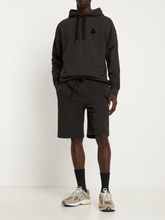 Marant: Flocked logo cotton sweat shorts - Siyah - men_1 | Luisa Via Roma