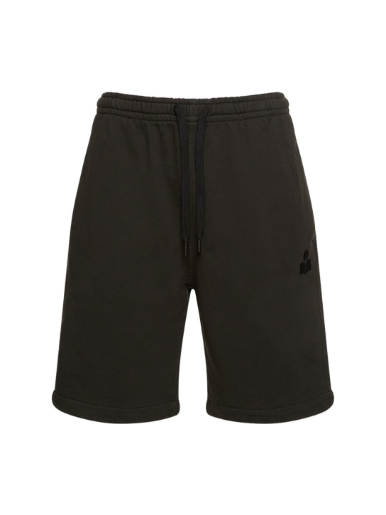 Marant: Flocked logo cotton sweat shorts - Siyah - men_0 | Luisa Via Roma