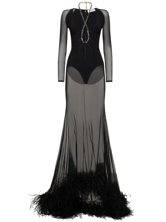 The Attico: Karen sheer cutout gown w/ feathers - Siyah - women_0 | Luisa Via Roma