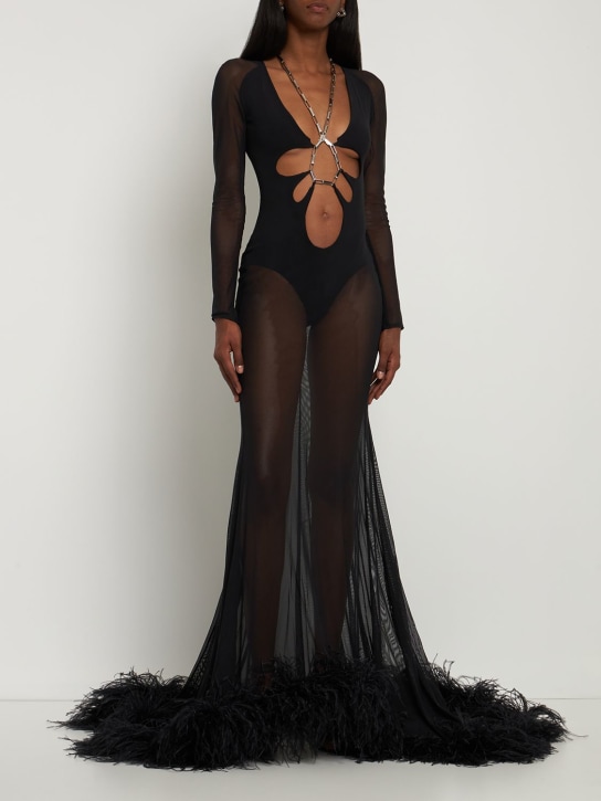 The Attico: Karen sheer cutout gown w/ feathers - Siyah - women_1 | Luisa Via Roma