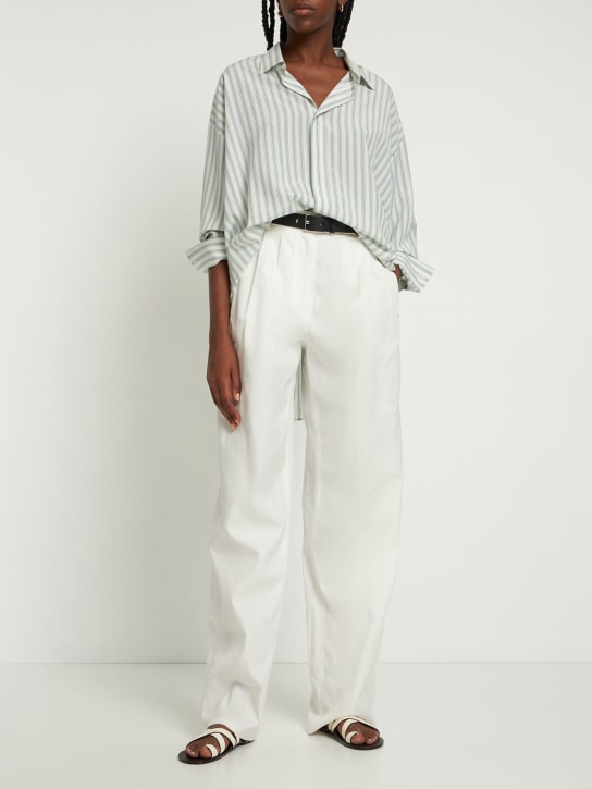 The Row: Sisca striped long silk shirt - Ivory/Green - women_1 | Luisa Via Roma