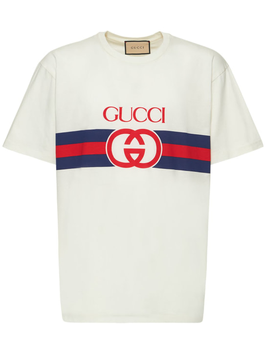 Gucci: Interlocking G Web print cotton t-shirt - Beyaz - men_0 | Luisa Via Roma