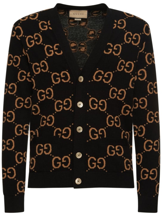 Gucci: Cardigan en maille de laine GG - Noir/Camel - men_0 | Luisa Via Roma
