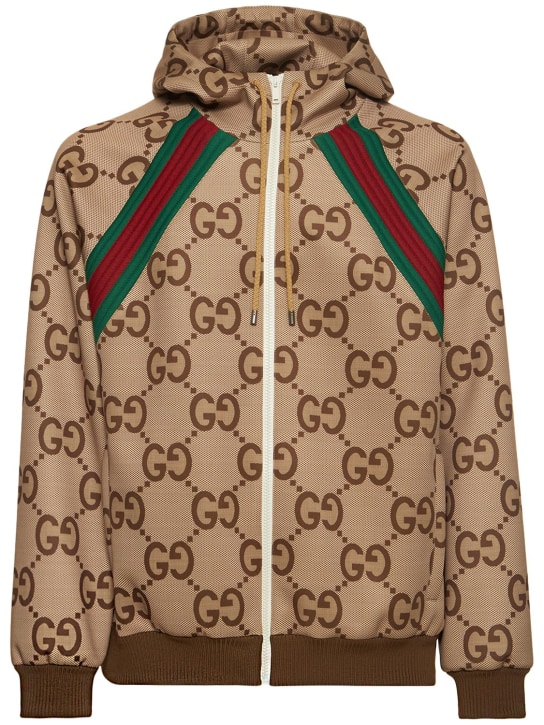 Gucci: Sweat zippé en tissu techn imprimé GG à capuche - Camel/Marron - men_0 | Luisa Via Roma