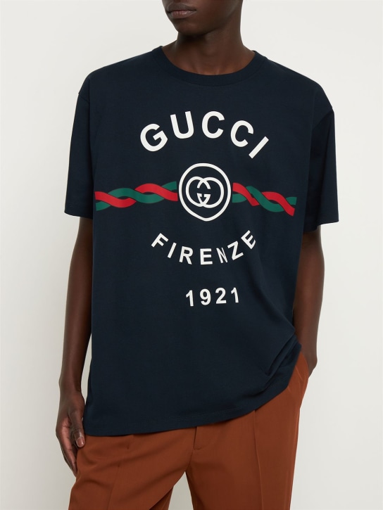 Gucci: オーバーサイズコットンジャージーTシャツ - ネイビー - men_1 | Luisa Via Roma