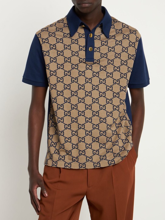 Gucci: Maxi GG silk & cotton polo shirt - Bej/Mavi - men_1 | Luisa Via Roma