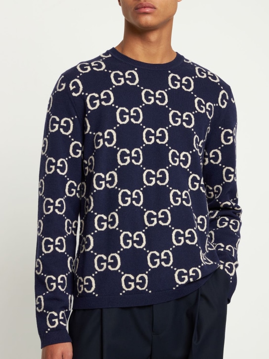 Gucci: Wool crewneck sweater - Mavi/Fil dişi - men_1 | Luisa Via Roma
