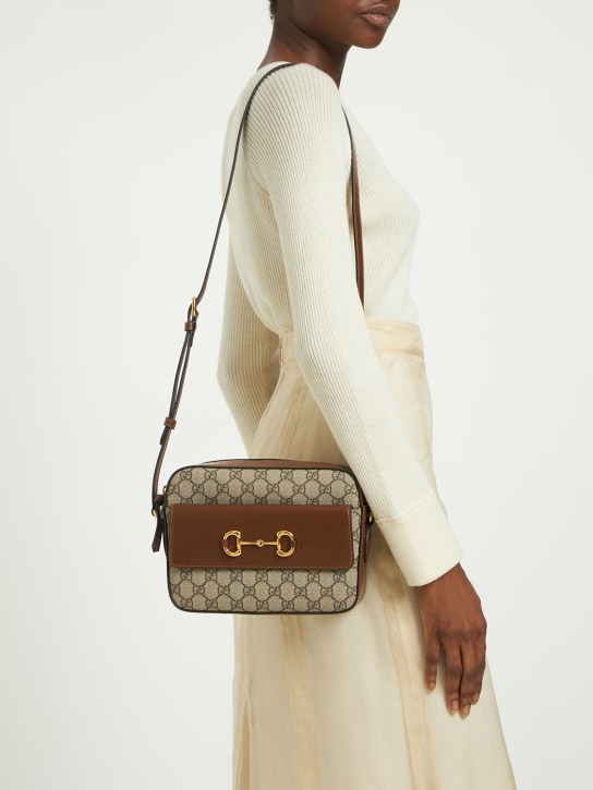 Gucci: 1955 Horsebit GG Supreme shoulder bag - Ebony/Brown - women_1 | Luisa Via Roma