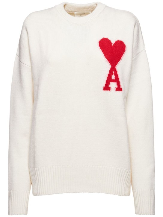 AMI Paris: Logo felted wool crewneck sweater - Beyaz/Kırmızı - women_0 | Luisa Via Roma