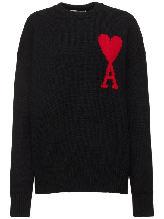 AMI Paris: Logo羊毛毡圆领毛衣 - 黑色/红色 - women_0 | Luisa Via Roma