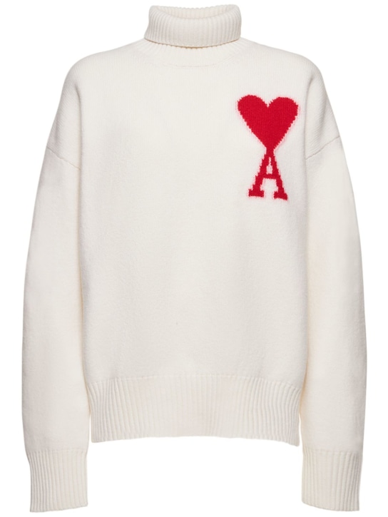 AMI Paris: Logo felted wool funnel neck sweater - White/Red - women_0 | Luisa Via Roma