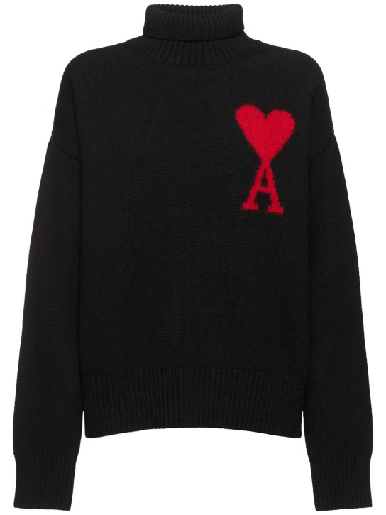 AMI Paris: Logo felted wool funnel neck sweater - Black/Red - women_0 | Luisa Via Roma