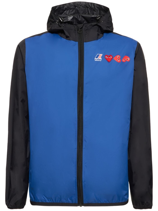 Comme des Garçons Play: Logo hooded bicolor full zip jacket - Blue/Black - men_0 | Luisa Via Roma