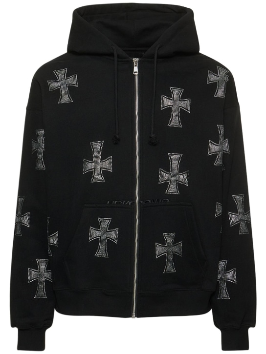 Unknown: Black rhinestone cross cotton hoodie - Siyah - men_0 | Luisa Via Roma