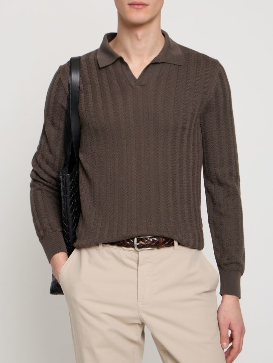 Brioni: Long sleeve cotton knit polo - men_1 | Luisa Via Roma