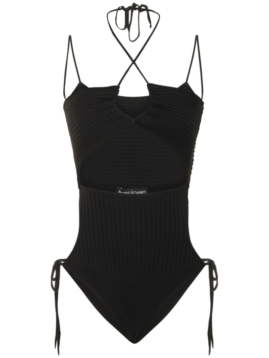 Andreadamo: 罗纹针织粘胶纤维镂空连体衣 - 黑色 - women_0 | Luisa Via Roma