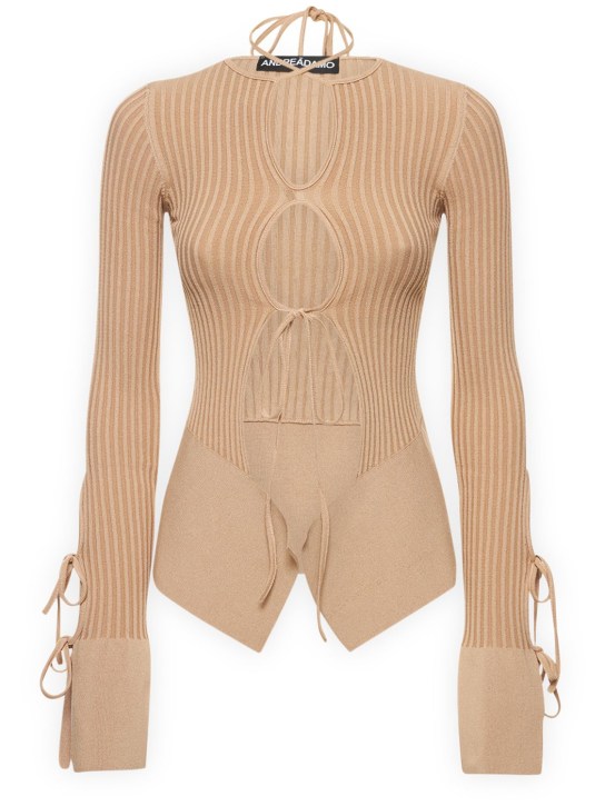 Andreadamo: Cárdigan de punto de viscosa con aberturas - Nude 001 - women_0 | Luisa Via Roma