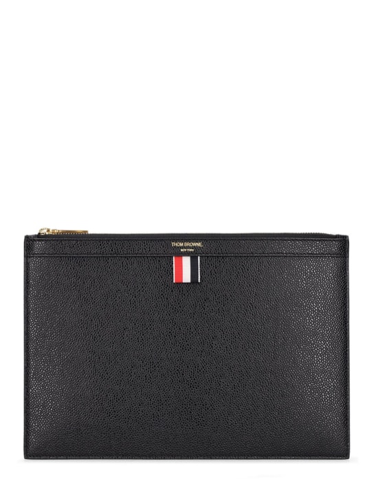 Thom Browne: Small pebbled leather zip pouch - Black - men_0 | Luisa Via Roma