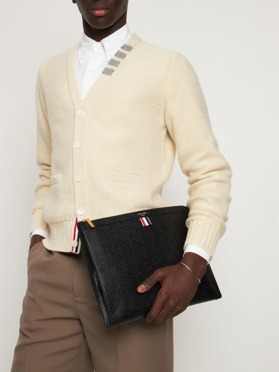 Thom Browne: Pebbled leather zipped document pouch - Black - men_1 | Luisa Via Roma