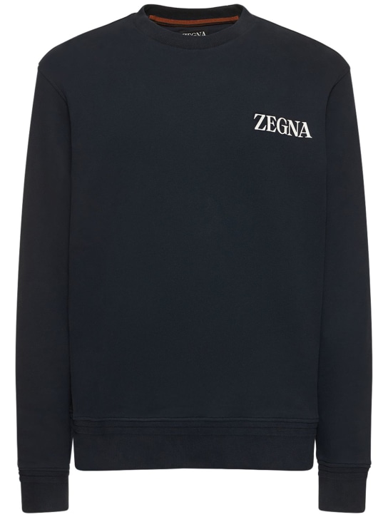 Zegna: Cotton crewneck sweatshirt - Lacivert - men_0 | Luisa Via Roma
