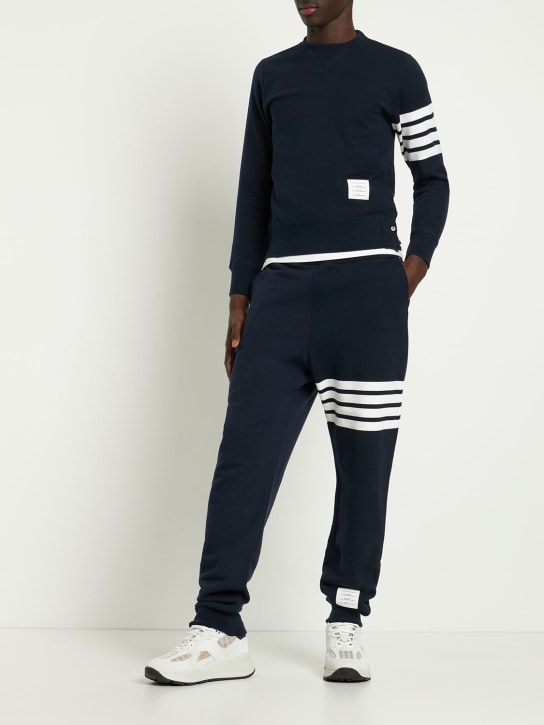 Thom Browne: Intarsia stripes cotton sweatshirt - Navy - men_1 | Luisa Via Roma