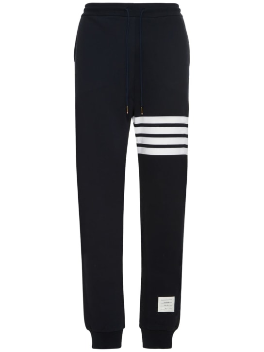 Thom Browne: Intarsia stripes cotton sweatpants - Lacivert - men_0 | Luisa Via Roma