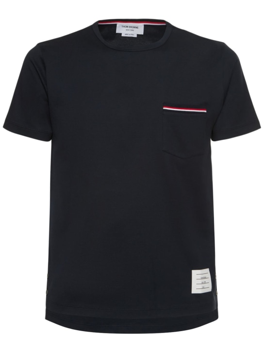 Thom Browne: T-shirt in cotone con tasca - Navy - men_0 | Luisa Via Roma