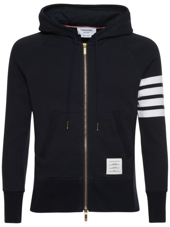 Thom Browne: Zip-up stripes cotton sweatshirt hoodie - Lacivert - men_0 | Luisa Via Roma