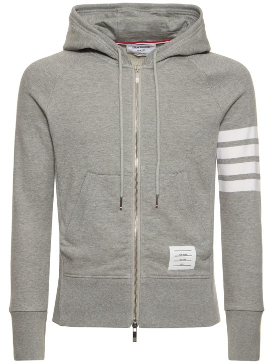 Thom Browne: Zip-up stripes cotton sweatshirt hoodie - Light Grey - men_0 | Luisa Via Roma