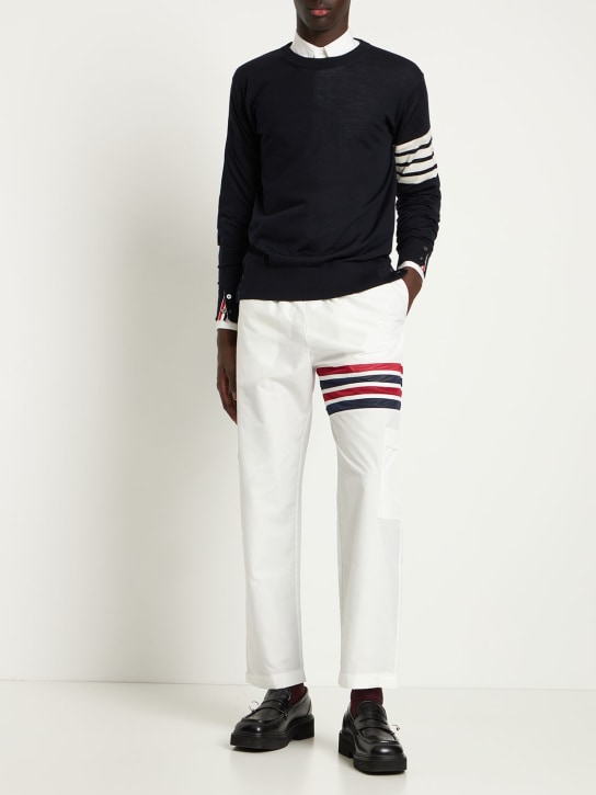 Thom Browne: Wool crewneck sweater w/ stripes - Navy - men_1 | Luisa Via Roma