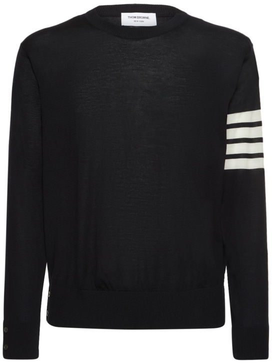 Thom Browne: Wool crewneck sweater w/ stripes - Navy - men_0 | Luisa Via Roma
