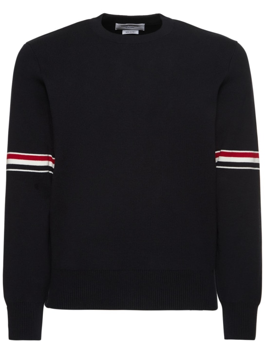Thom Browne: Milano stitch crewneck cotton sweater - Navy - men_0 | Luisa Via Roma