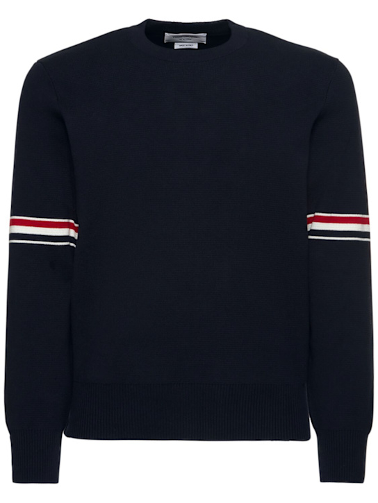 Thom Browne: Milano stitch crewneck cotton sweater - Navy - men_0 | Luisa Via Roma