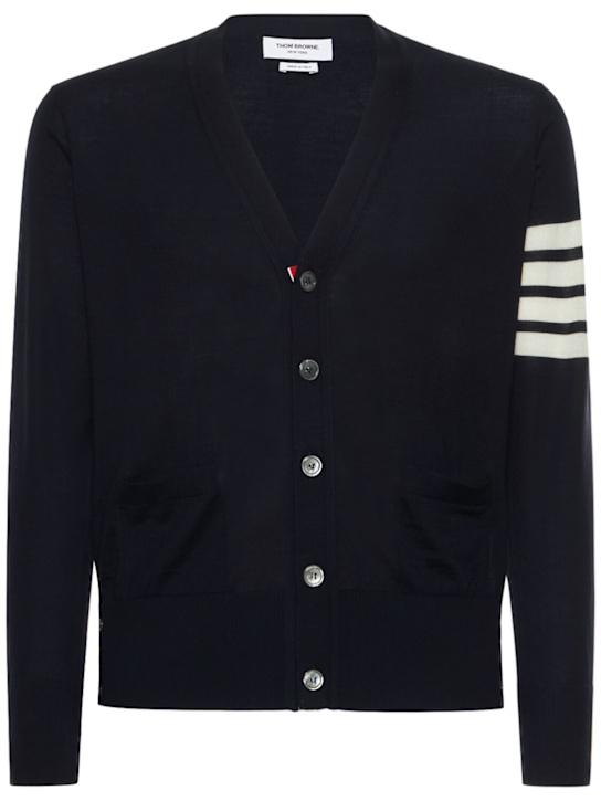 Thom Browne: 4-Bar Wool fine knit cardigan - men_0 | Luisa Via Roma