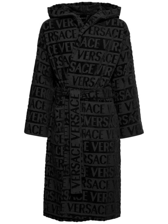 Versace: Bademantel mit Kapuze und Kristallen - Schwarz - ecraft_0 | Luisa Via Roma