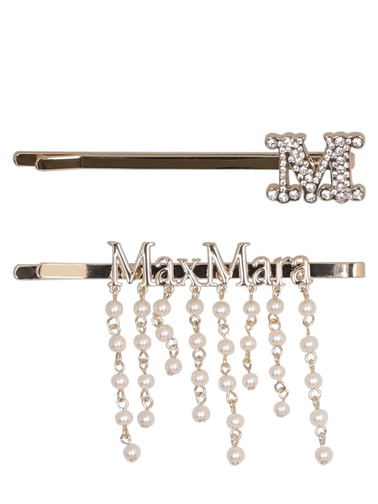 Max Mara: Set de 2 horquillas perlas sintéticas y cristales - Oro/Cristal - women_0 | Luisa Via Roma