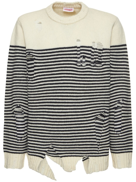 Charles Jeffrey LOVERBOY: Distressed wool & recycled poly sweater - Ecru/Navy - men_0 | Luisa Via Roma